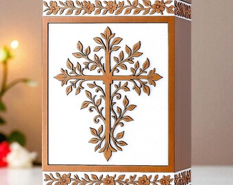 Handmade Wooden Cremation Urn: Christian Cross & Floral Carving, Personalized Memorial