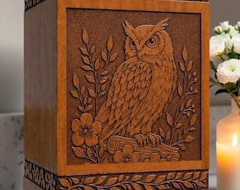 May include: A rectangular wooden urn featuring a carved relief of an owl perched on a branch surrounded by flowers and foliage. The box has a smooth finish with decorative leaf-patterned borders along the top and bottom edges of the front panel.