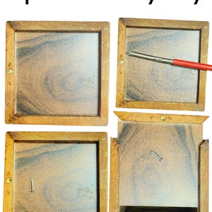 May include: A square wooden box with a faux wood grain finish, shown in four stages of disassembly. The text "Open this easy way" appears at the top. A metal screwdriver with a red handle and a small silver screw are visible in the sequence.
