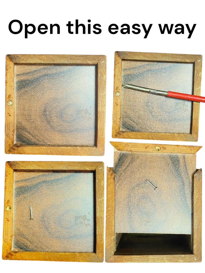 May include: A square wooden box with a faux wood grain finish, shown in four stages of disassembly. The text "Open this easy way" appears at the top. A metal screwdriver with a red handle and a small silver screw are visible in the sequence.