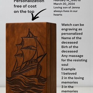Premium solid wood cremation urn box with a detailed sailboat engraving, symbolizing peace and an eternal journey. Polished by hand for a warm natural finish. Perfect for honoring someone who loved the ocean or travel. Custom name, date, or message engraving available to create a unique memorial keepsake.