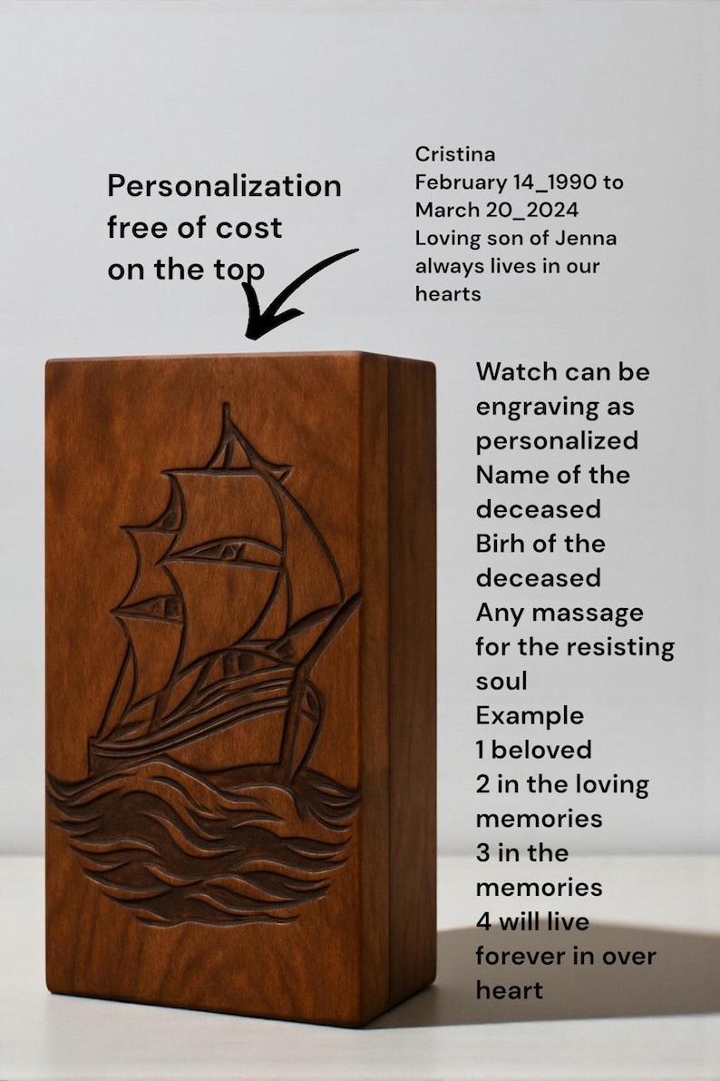Premium solid wood cremation urn box with a detailed sailboat engraving, symbolizing peace and an eternal journey. Polished by hand for a warm natural finish. Perfect for honoring someone who loved the ocean or travel. Custom name, date, or message engraving available to create a unique memorial keepsake.