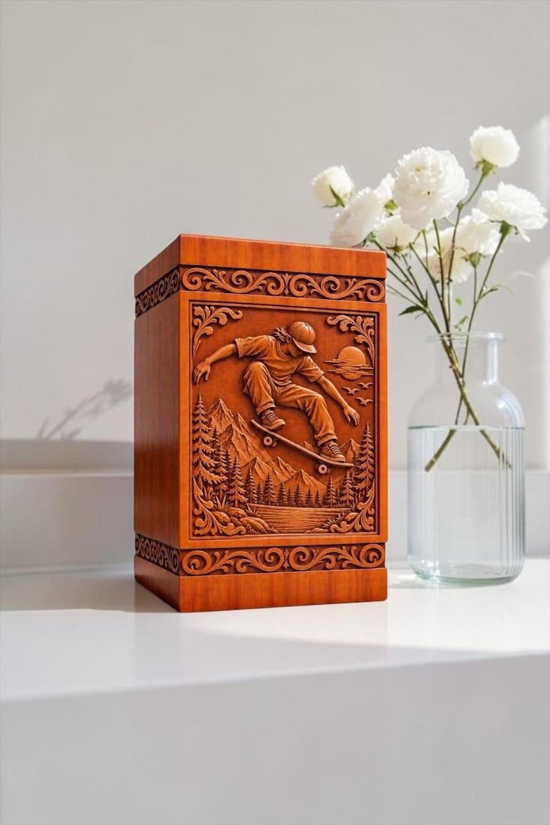 May include: A rectangular wooden urn featuring a detailed relief carving of a person skateboarding over a landscape with mountains, pine trees, and a sun. The carving is framed by decorative scrollwork borders on the top and bottom edges.