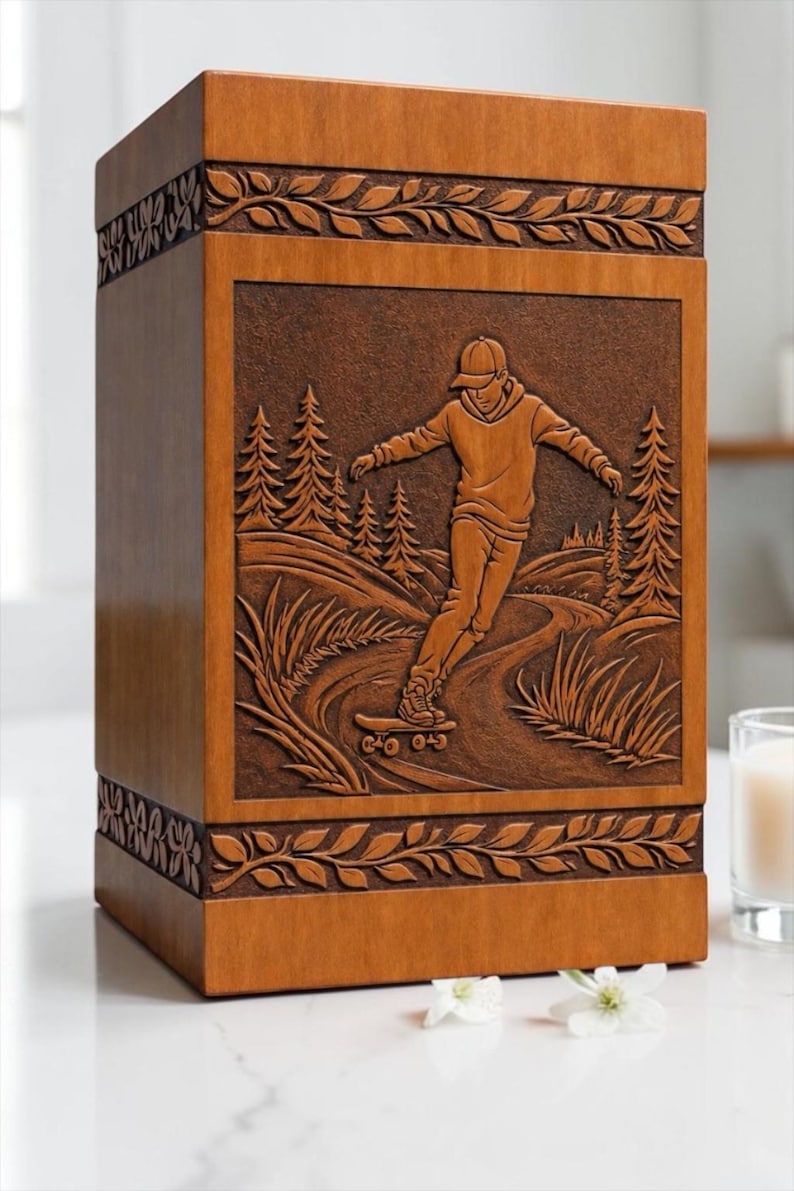 May include: A rectangular wooden cremation urn featuring a carved relief panel on the front. The carving depicts a person wearing a hooded sweatshirt and cap, riding a skateboard on a path through a forest with pine trees and tall grasses.