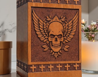 Urna funeraria in legno realizzata a mano / teschio alato inciso, ricordo di cremazione, regalo commemorativo per ceneri