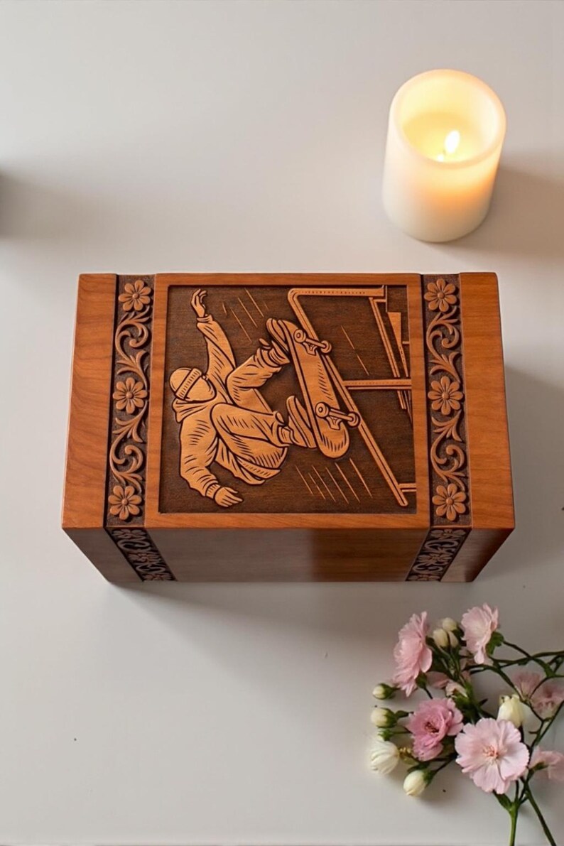 Decorative wooden urn box with skateboard engraving, handmade craftsmanship, carved floral patterns, rich brown polish, secure lid, and sympathy gift display with candle and flowers.