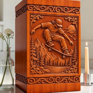 May include: A rectangular wooden urn featuring a detailed relief carving of a person skateboarding in front of a mountain landscape with pine trees, a lake, and a sun. The box is decorated with ornate scrollwork borders along the top and bottom edges.
