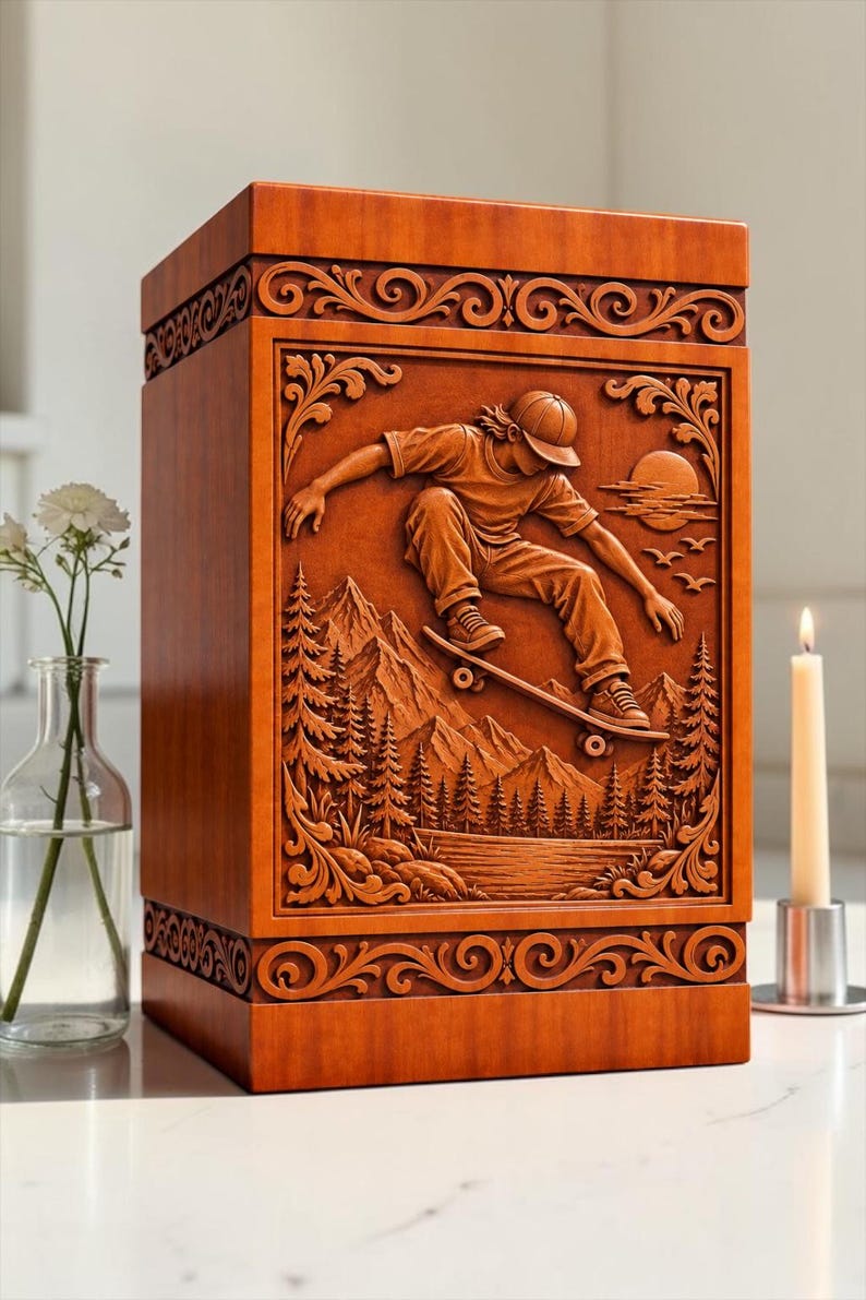May include: A rectangular wooden urn featuring a detailed relief carving of a person skateboarding in front of a mountain landscape with pine trees, a lake, and a sun. The box is decorated with ornate scrollwork borders along the top and bottom edges.