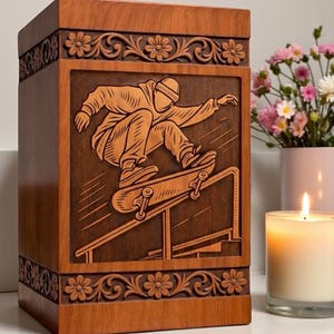 Beautiful wooden memorial urn with skateboard engraved artwork, handcrafted floral carving, strong wooden structure, polished surface, and secure lid, designed for honoring loved ones.