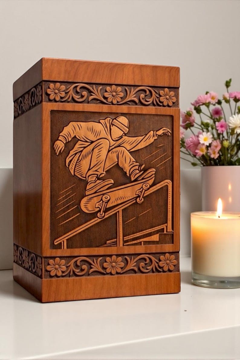 Beautiful wooden memorial urn with skateboard engraved artwork, handcrafted floral carving, strong wooden structure, polished surface, and secure lid, designed for honoring loved ones.