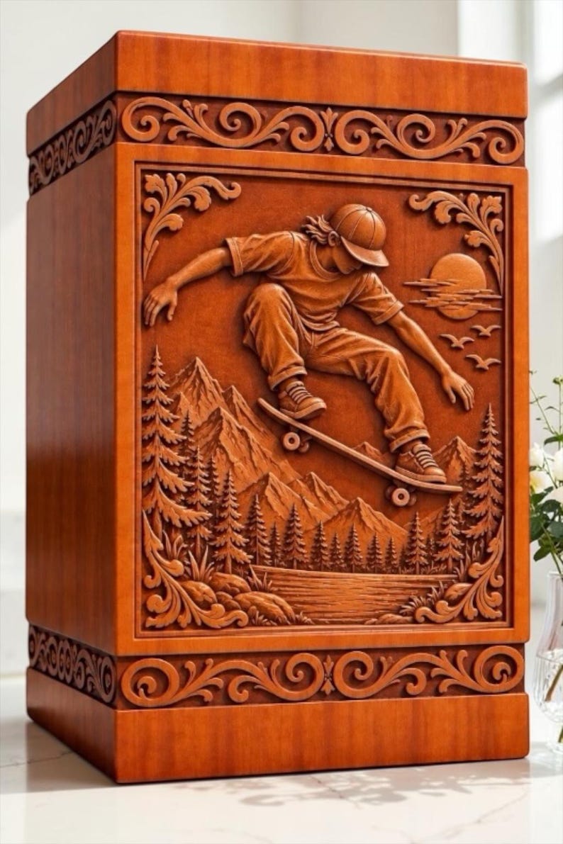 May include: A rectangular wooden box featuring a detailed relief carving of a person skateboarding in front of a mountain landscape with pine trees, a lake, and a sun. The border is decorated with ornate scrollwork patterns on all sides.