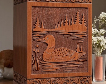 Caja de urna de madera hecha a mano: grabado en relieve de pato y bosque, monumento conmemorativo personalizado
