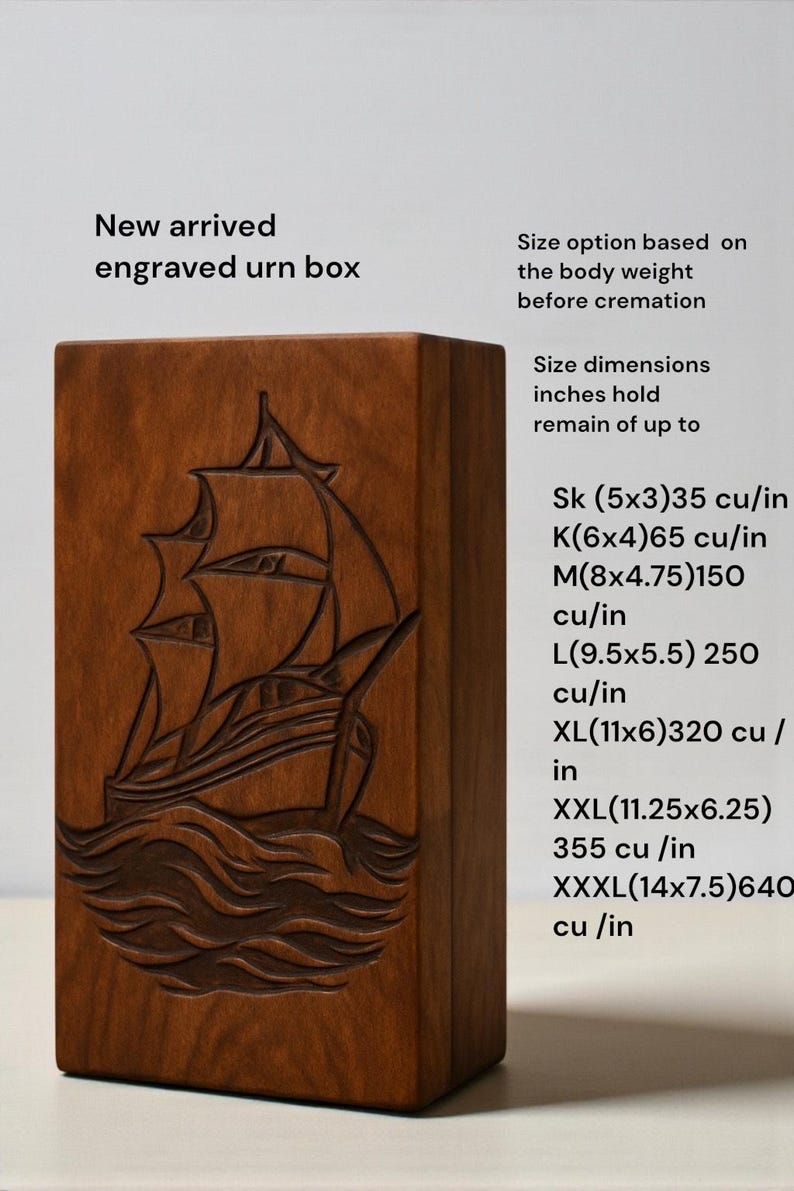 Elegant wooden cremation urn box featuring a sailboat design carved with fine detail. Smooth satin finish enhances the natural grain, creating a warm and meaningful keepsake. Ideal for memorializing a loved one and suitable for customization with names, dates, or short quotes.