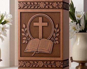 Handcrafted Wooden Cremation Urn: Bible & Cross Engraving, Religious Memorial