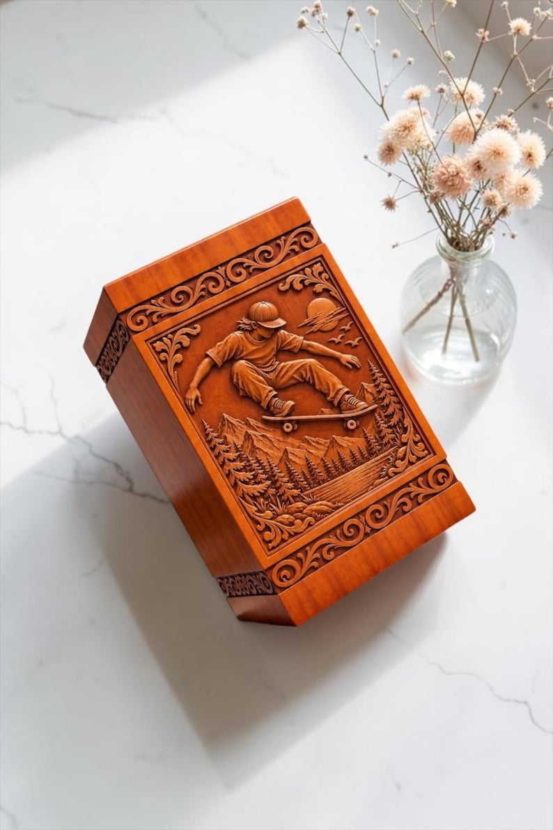 May include: A rectangular wooden box featuring a detailed relief carving on the lid. The carving depicts a person skateboarding over a landscape of mountains, pine trees, and a lake, framed by decorative scrollwork and a sun in the sky.
