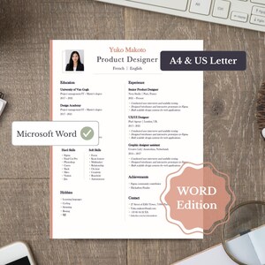 Peut inclure: Un modèle de CV professionnel pour un Product Designer nommé Yuko Makoto, comprenant des sections pour l'éducation, l'expérience, les compétences et les loisirs. Le document inclut les mentions A4 & US Letter, Microsoft Word et WORD Edition.