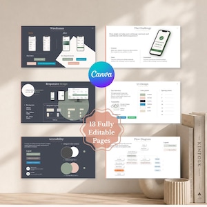 May include: A digital presentation template featuring 13 fully editable pages with sections for wireframes, design challenges, responsive layouts, UI design, accessibility standards, and flow diagrams, all displayed in a clean, professional layout.