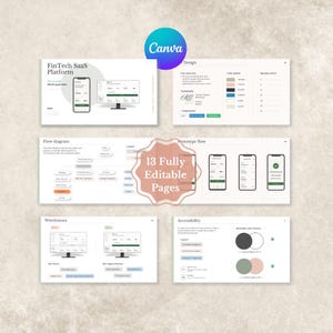 Peut inclure: Un modèle de présentation numérique comprenant 13 pages entièrement modifiables pour une plateforme SaaS FinTech. La mise en page inclut des sections pour le design UI, les diagrammes de flux, les prototypes, les wireframes et l'accessibilité.