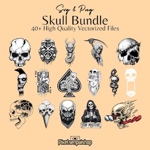 Pode incluir: Ilustrações de caveiras em preto e branco com vários designs. A imagem inclui uma caveira com coroa de espinhos, um ceifeiro e uma caveira com uma cobra. O texto diz "Svg & Png Skull Bundle" e "40+ High Quality Vectorized Files."