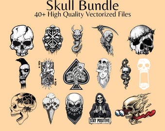 May include: A collection of black and white skull illustrations in various designs. The image includes a skull with a crown of thorns, a grim reaper, and a skull with a snake. Text at the top reads "Svg & Png Skull Bundle" and "40+ High Quality Vectorized Files."