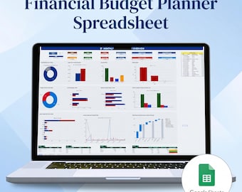 May include: A silver laptop displays a financial budget planner spreadsheet with charts and graphs. The screen shows data visualizations in various colors, including red, blue, green, and yellow. The text "Financial Budget Planner Spreadsheet" is at the top of the image, and a Google Sheets logo is in the bottom right.