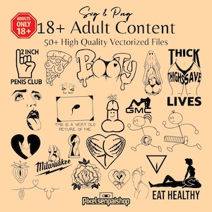 Könnte beinhalten: Eine Sammlung von schwarz-weißen SVG- und PNG-Dateien für Erwachsene. Das Bild enthält verschiedene grafische Designs, Illustrationen und Textelemente wie "PENIS CLUB", "THICK THIGHS SAVE LIVES" und "EAT HEALTHY". Der Text "ADULTS ONLY 18+" ist ebenfalls vorhanden.