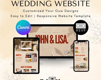 May include: A digital wedding website template displayed on a laptop, tablet, and smartphone. The design features the text "WEDDING WEBSITE" and "JOHN & LISA". The Canva logo is visible, along with the text "Easy to Edit | Responsive Website Template".