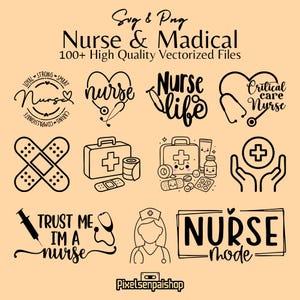 Pacchetto di file SVG per infermieri, clipart mediche in bianco e nero, file per Cricut dedicati al settore sanitario (download digitale)