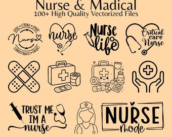 May include: A collection of black and white vector graphics with medical and nursing themes. Includes text that says "Nurse & Madical", "Nurse Life", "Trust Me I'm a Nurse", and "Nurse Mode". Also includes images of a stethoscope, bandages, and a medical kit.