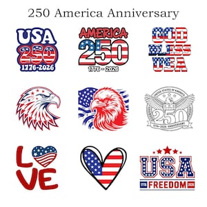 Pacchetto di file SVG per il 250° anniversario degli Stati Uniti, con aquila patriottica e bandiere (download digitale)
