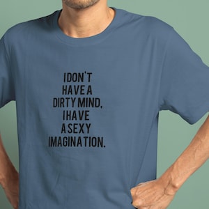 Pu&ograve; includere: Una maglietta blu con la scritta "I DON'T HAVE A DIRTY MIND, I HAVE A SEXY IMAGINATION" stampata in nero. La maglietta ha maniche corte e girocollo.