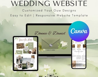 May include: A digital wedding website template displayed on a laptop, tablet, and smartphone. The design features a green and white color scheme with the names "Donna & Daniel" and the Canva logo. Text includes "Wedding Website" and "Easy to Edit."