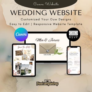 Sjabloon voor canvas bruiloftswebsite | Digitale uitnodiging envelop onthullen | Reactie + afteltimer | Blush ivoor bloemen | Bewerkbare 5 pagina's