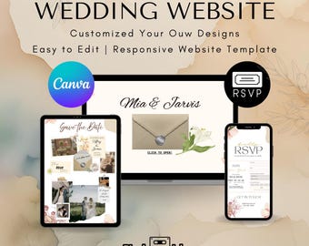 May include: A digital wedding website template displayed on a laptop, tablet, and smartphone. The design includes the text "WEDDING WEBSITE" and "Canva Website". The template features a "Save the Date" design, an RSVP form, and the names "Mia & Jarvis".