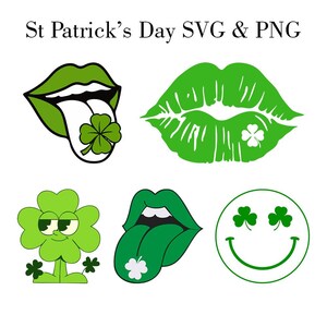 May include: St Patrick's Day SVG & PNG graphic elements. Features green lips with clovers, a smiling clover face, and a clover with eyes. Ideal for digital designs and crafts.