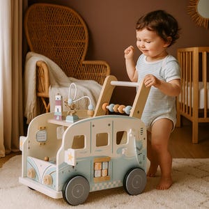 Coastal Wooden Baby Walker with Activity Center – Montessori Push Toy for Toddlers