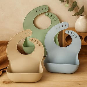 Silicone Baby Bib with Food Catcher – Adjustable, Waterproof, Soft & Easy to Clean | BPA-Free | Baby Feeding Bib | Neutral Colors