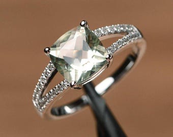 Cushion Cut Green Amethyst Ring | Sterling Silver, Simulated Diamond