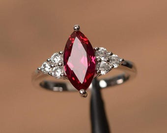 Marquise Rubin Ring, 925 Sterling Silber, Zierlicher Edelstein Ring