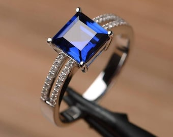 Blue Sapphire Ring | 925 Sterling Silver, Square Cut Gemstone