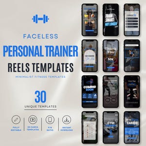 May include: A promotional image for Faceless Personal Trainer Reels Templates. The image showcases 12 smartphone screens displaying fitness-related content. Text includes "Train Smart Not Longer", "Coming Soon", and "Gym Bag Essentials". The image also highlights 30 unique templates.