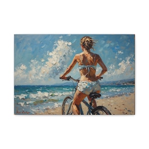 Canvas Print, Woman Riding Bike on Beach, Coastal Wall Art, Matte Canvas Decor, Stretched Canvas Painting, 1 25 Inch Print, Home Decor Gift