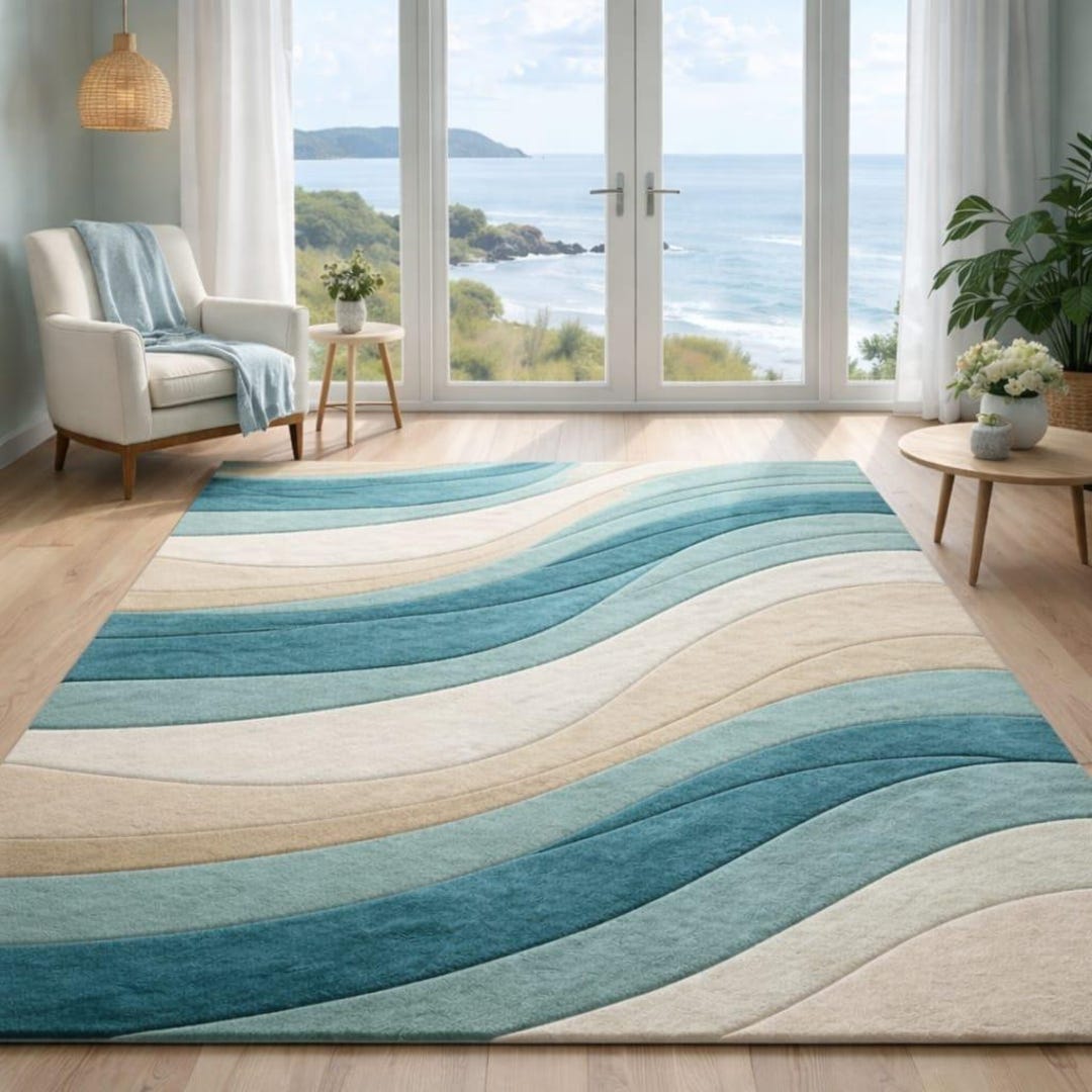 Wave Rugs Handmade Coastal Ocean Wave Area Rug | Hand-tufted Modern Teal ...