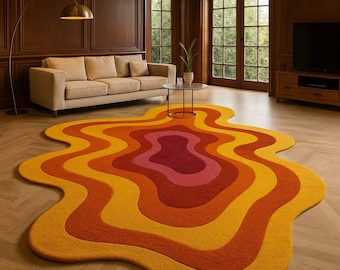 5x7 Hand Tufted Retro Wavy layered pattern Orange Pink Red Carpet Abstract Shape Boho Area Rug Inspired Funky Living Room Bedroom Decor Rugs