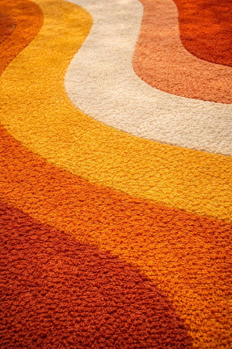 Retro Mid Century Shag Rug – 70s Geometric Orange Yellow Area Carpet ...