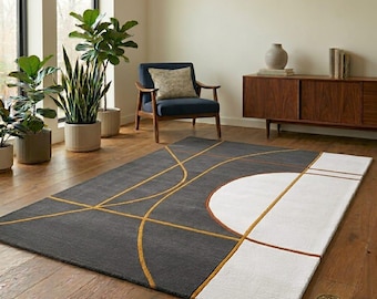 Modern Geometric Area Rug, Handmade Tufted Rug, Mid Century Modern Carpet, Abstract Line Design Rug, Living Room Decor, Custom Size Rug