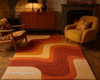 Retro Mid Century Shag Rug – 70s Geometric Orange Yellow Area Carpet, Vintage Plush Floor Mat for Living Room & Boho Decor
