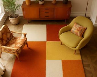 Handmade Tufted Wool Rug: Retro Geometric Design, Mid-Century Modern