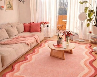 Pink & Red Scalloped Edged Area Rug Premium quality Rug Hand-Tufted Wool Area Rug For Bedroom Aesthetics, Living Room, Hall, Kitchen, Office