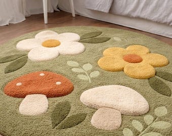 Rund handtuftad ullmatta i mossgrön blommig cottagecore-dekor, boho-matta
